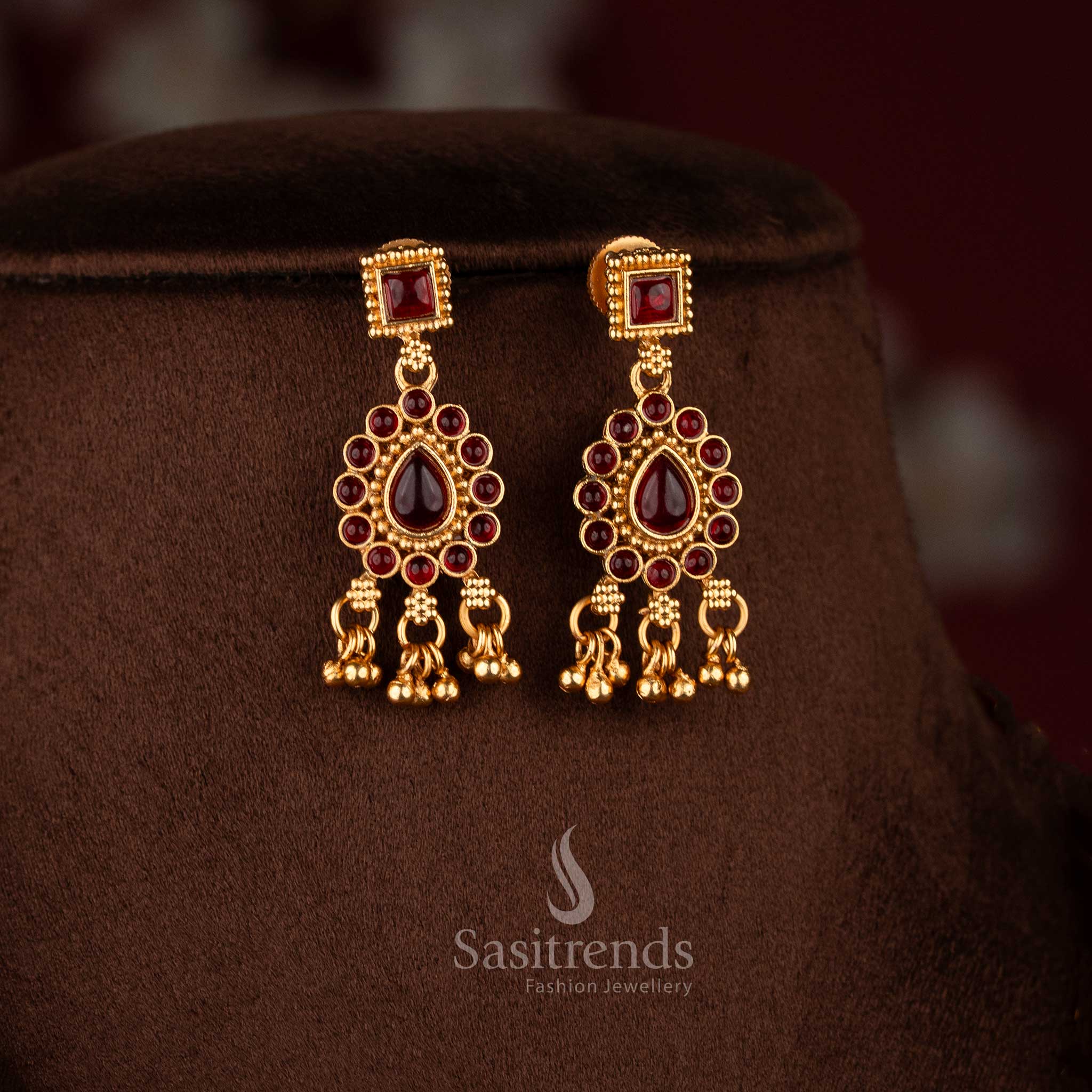 Dazzling ruby stylish classic matte gold plated dangle earrings with red stone sparkle – Sasitrends