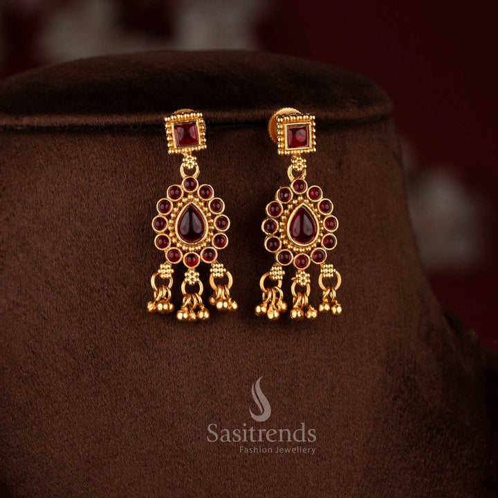 Dazzling ruby stylish classic matte gold plated dangle earrings with red stone sparkle – Sasitrends