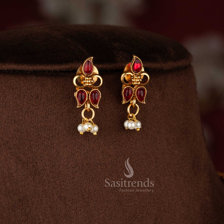 Dazzling ruby stylish classic matte gold plated paisley pearl earrings with traditional charm – Sasitrends