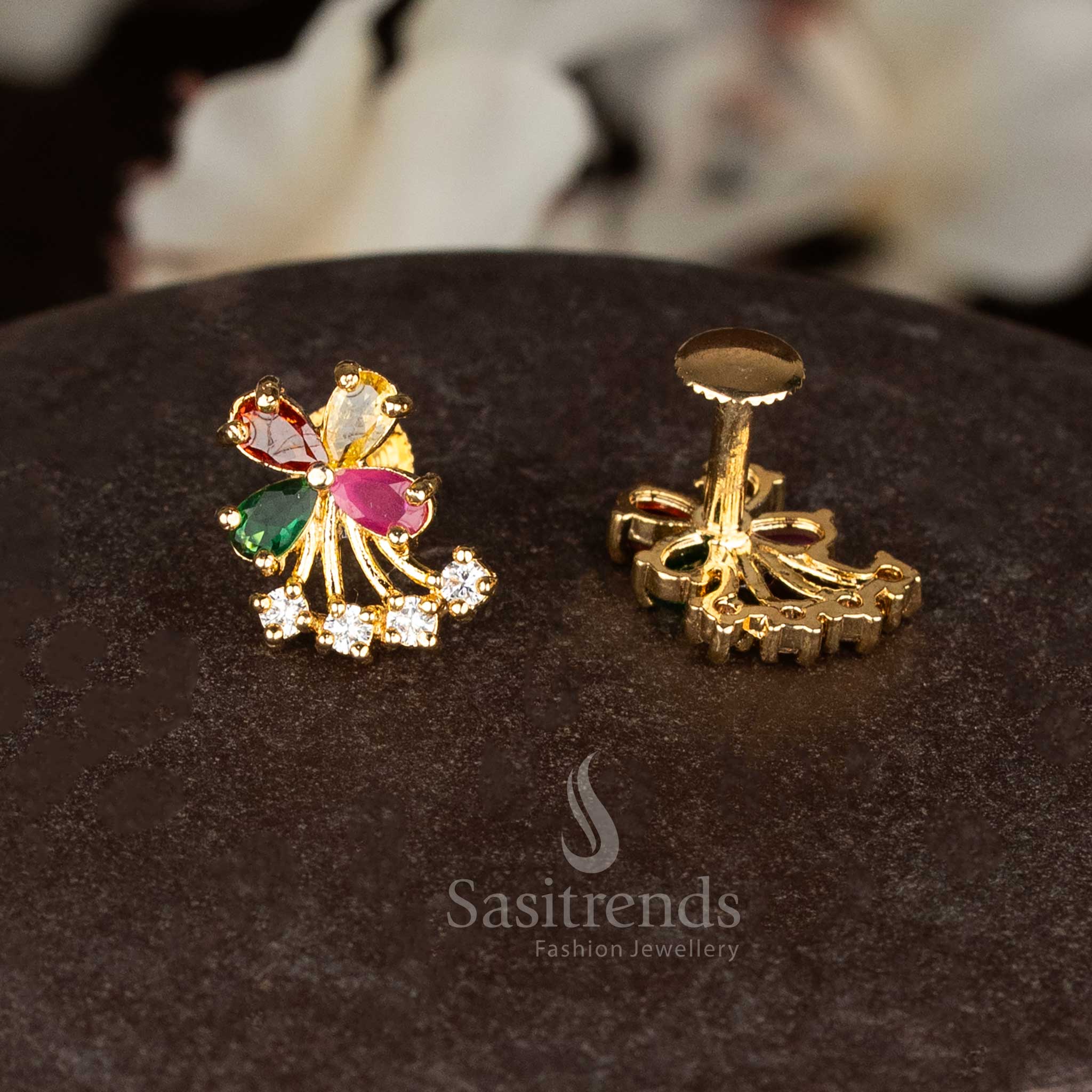 Colourful micro gold four petal butterfly studs with multi gem Navarathnam design for bridal occasions - Sasitrends