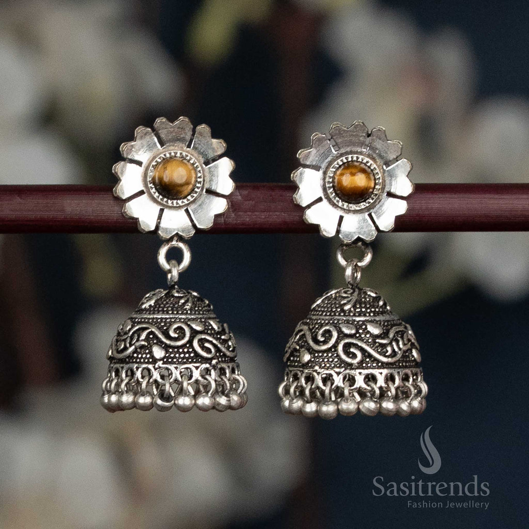 Oxidised Floral Stud Jhumka Earrings With Swirl Dome And Ball Fringe In Graceful Brown Colour, Elegant Traditional Antique Finish Jewellery Designed For Cultural Events And Festive Looks – Sasitrends