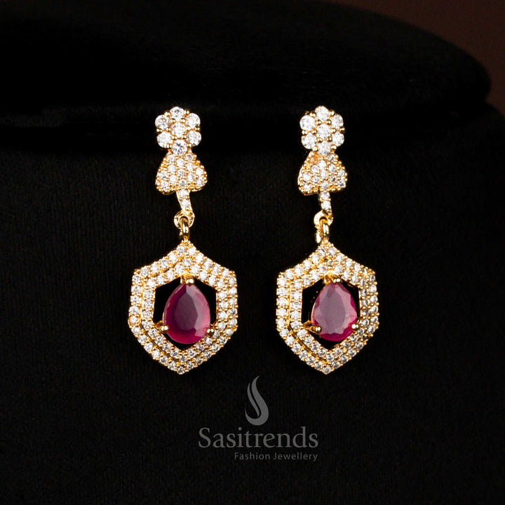 Stylish American Diamond gold plated heart and floral ruby earrings with teardrop stone pendant designed for special occasion wear – Sasitrends