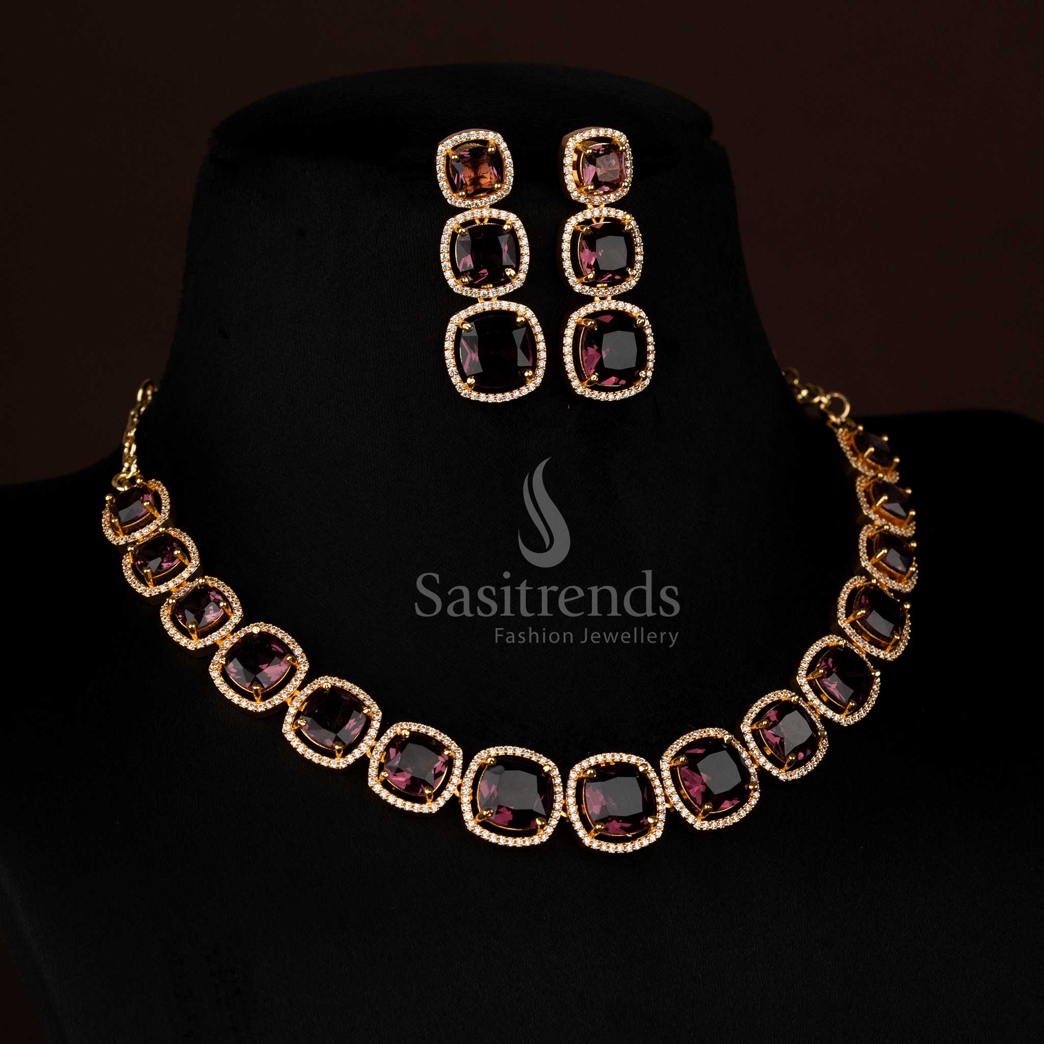 Gorgeous micro gold plated American Diamond maroon square stone necklace set ideal for party evenings and celebration looks – Sasitrends