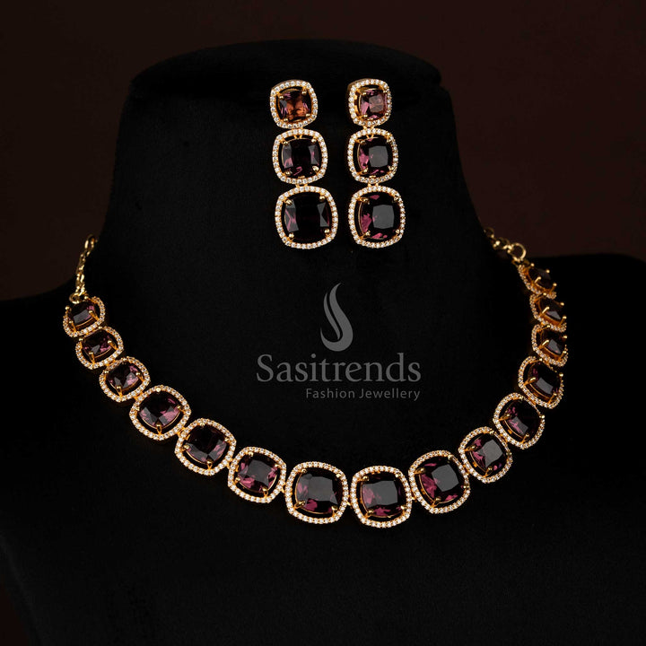 Gorgeous micro gold plated American Diamond maroon square stone necklace set ideal for party evenings and celebration looks – Sasitrends