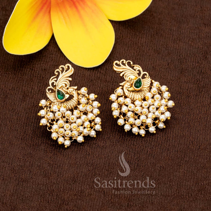 Radiant white-pearl temple matte gold plated peacock cluster earrings, ideal to wear for cultural ceremonies and temple celebrations – Sasitrends