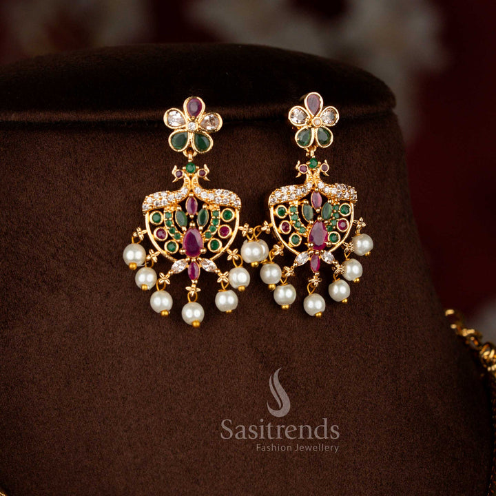 Alluring micro gold plated peacock AD drop earrings in multicolour sparkle ideal for festive styling – Sasitrends