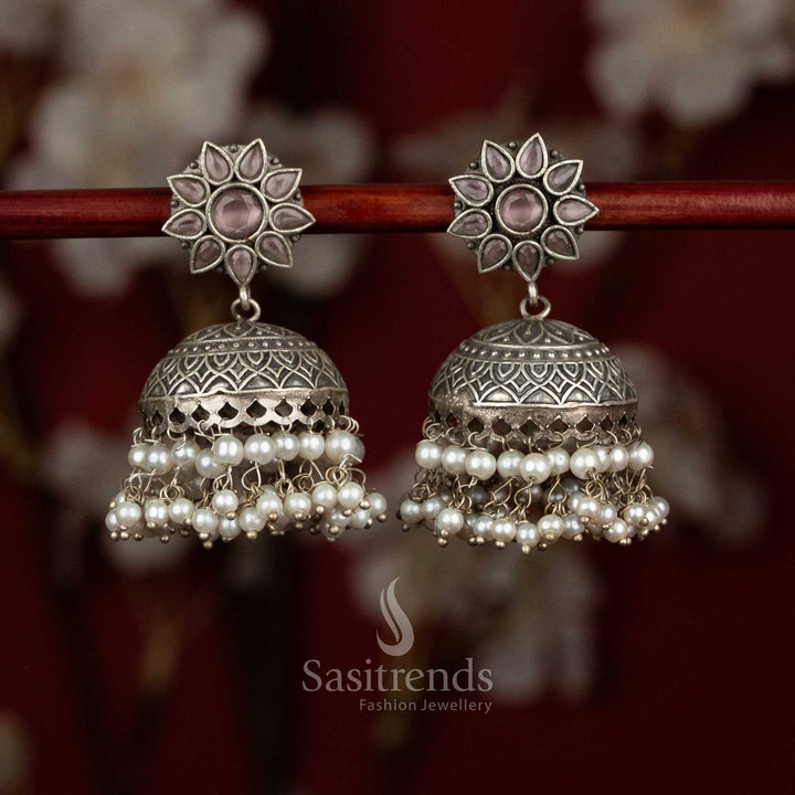 Fuchsia heritage oxidised silver pink dome jhumkas with floral stone motifs and layered pearls for party charm - jewellery - Sasitrends