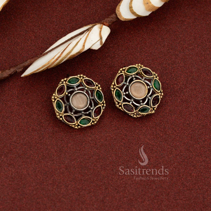 Vibrant fusion multi antique oxidised dual tone round lattice circle stone earrings perfect for everyday styling, festive occasions, and statement looks – Sasitrends