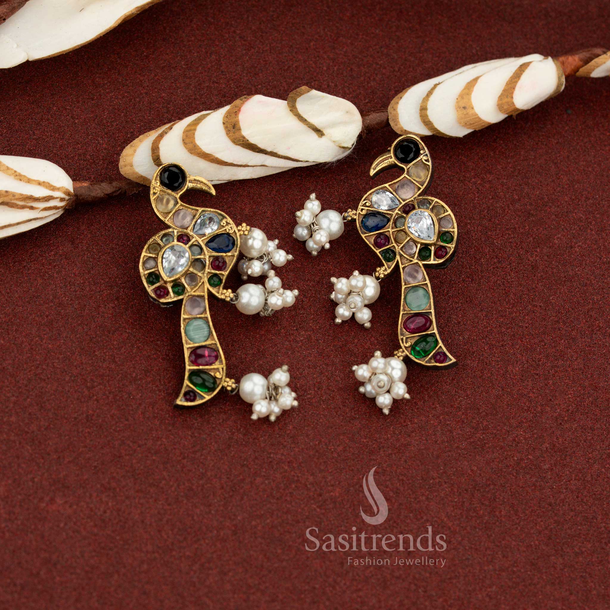 Vibrant mosaic multi antique oxidised dual tone peacock pearl drop earrings ideal for party wear, festive styling, and colourful celebrations – Sasitrends