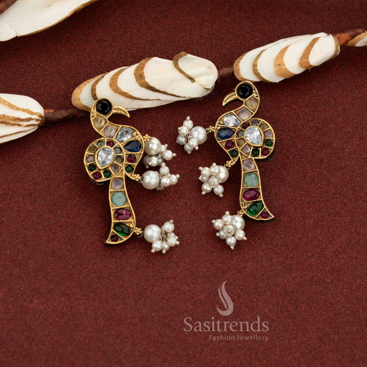 Vibrant mosaic multi antique oxidised dual tone peacock pearl drop earrings ideal for party wear, festive styling, and colourful celebrations – Sasitrends