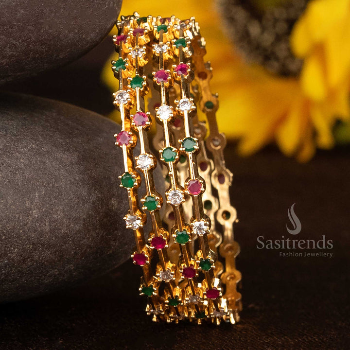 Radiant Regalia micro gold multi-stone thin bangles set with vivid coloured American diamond highlights and festive grace, perfect for ethnic looks – Sasitrends