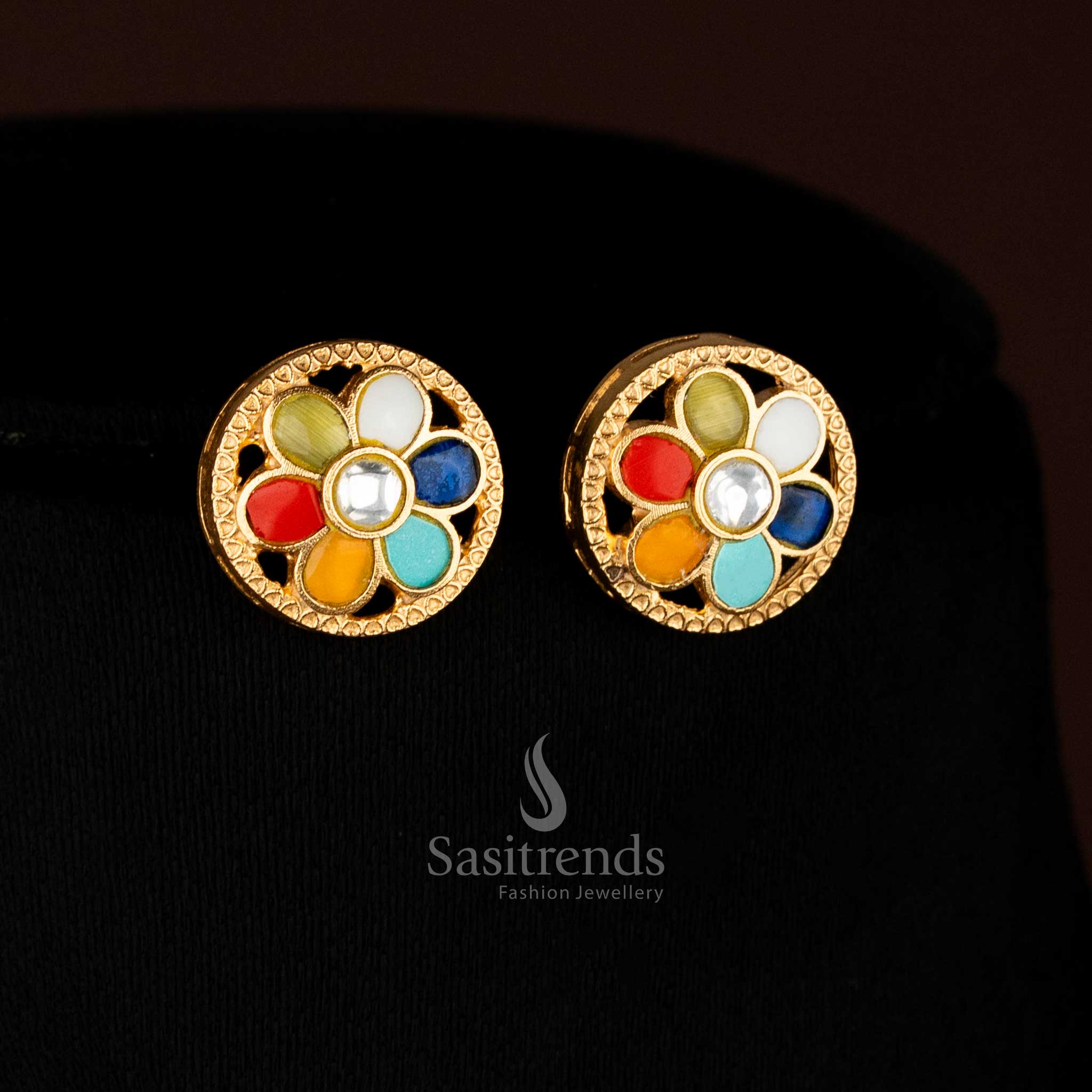 Regal Jadau 24K gold plated round floral earrings featuring Navarathna stones, designed for auspicious temple events and festive cultural wear – Sasitrends