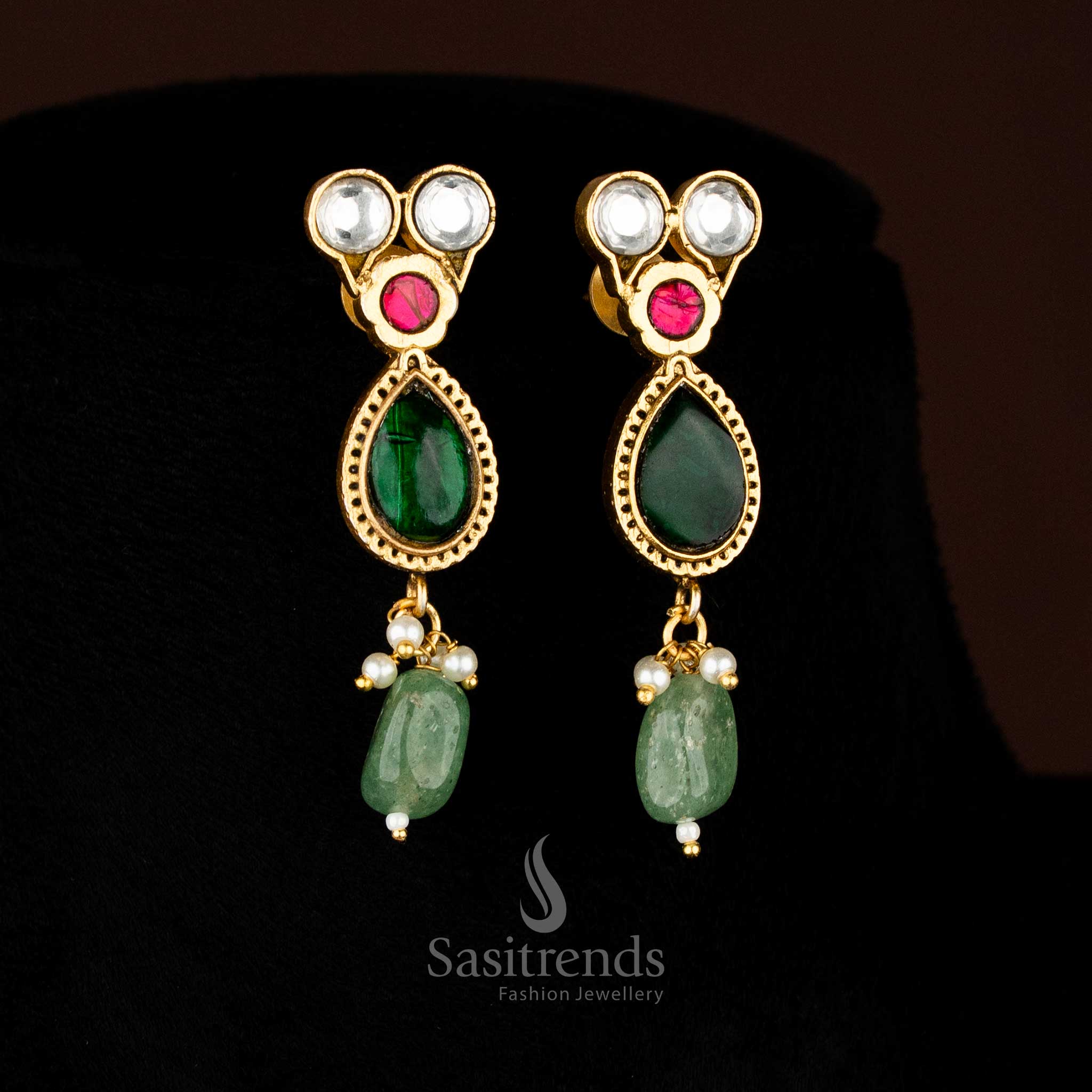 Opaline Jadau gold plated pearl teardrop earrings that perfectly match the choker, adding charm for festive gatherings and evening celebrations – Sasitrends