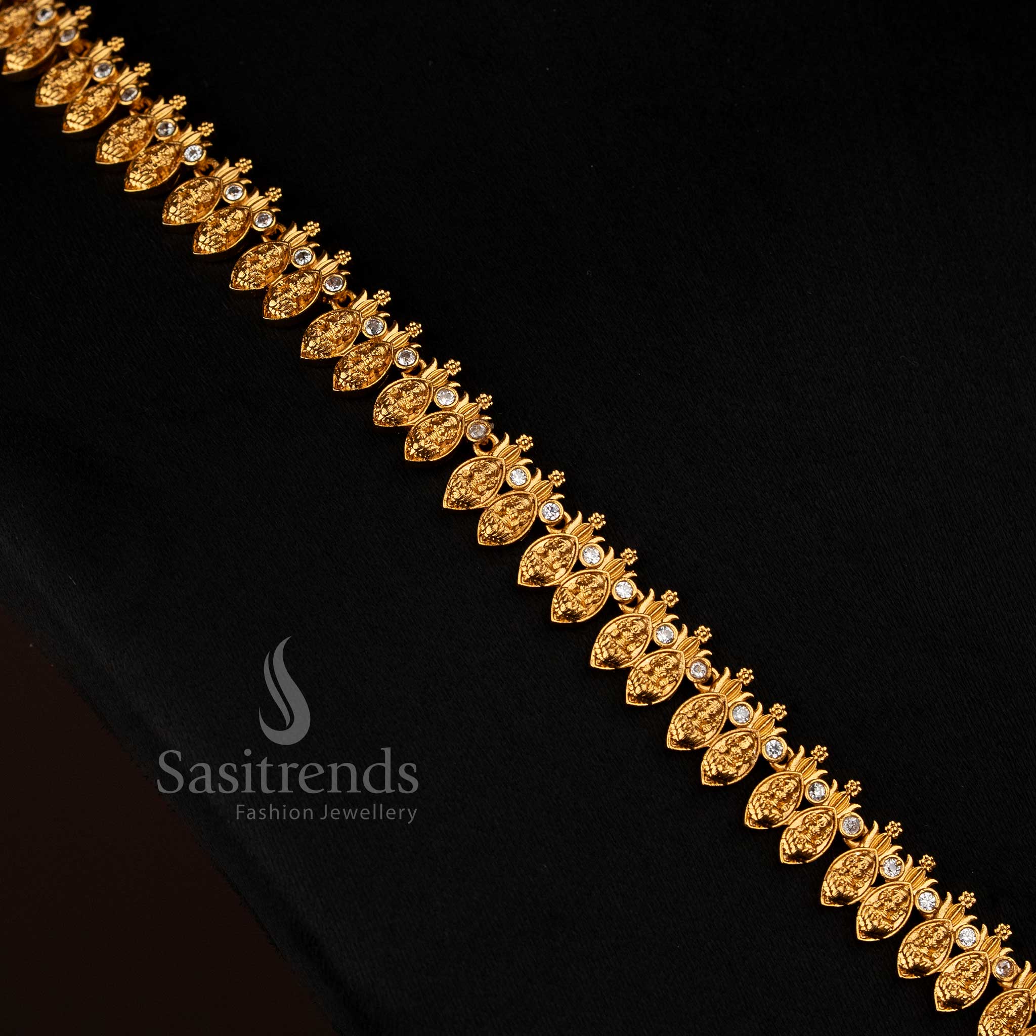Divine matte gold plated dual peacock necklace with Lakshmi lotus temple motifs and multi-colour stone highlights, designed for weddings and traditional celebrations jewellery - Sasitrends