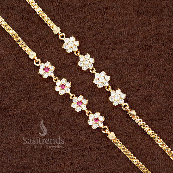Radiant micro gold plated Addigai bracelet featuring 4 floral AD stones with Impon accents, perfect to wear for festive occasions – Sasitrends