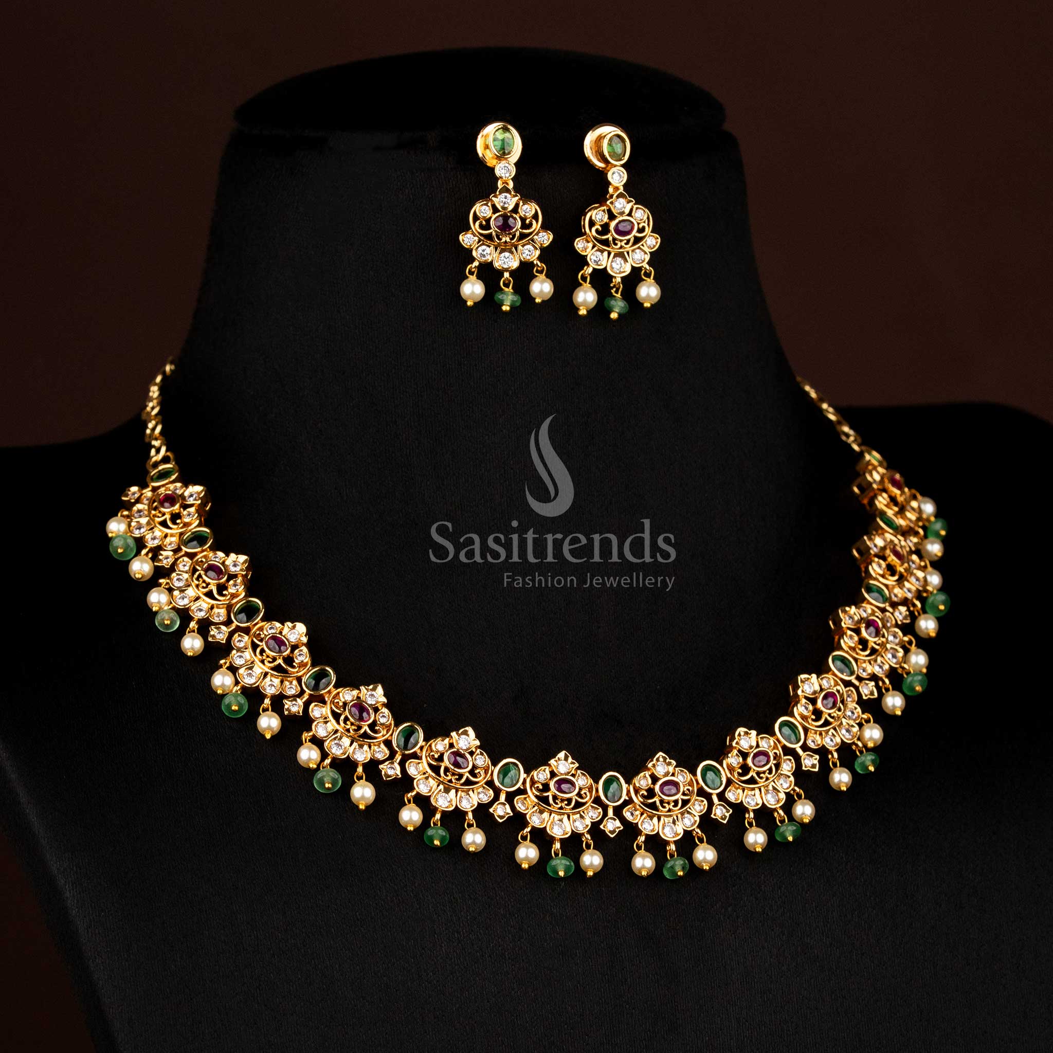 Opulent multi-colour matte gold plated crescent floral necklace with oval AD stones, ideal to wear for party events and wedding celebrations – Sasitrends