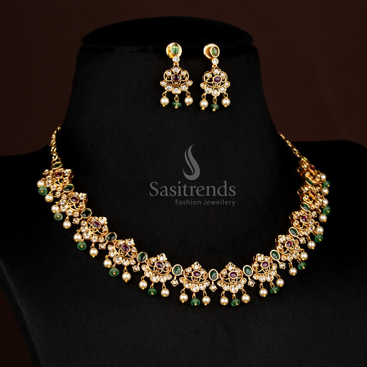 Opulent multi-colour matte gold plated crescent floral necklace with oval AD stones, ideal to wear for party events and wedding celebrations – Sasitrends