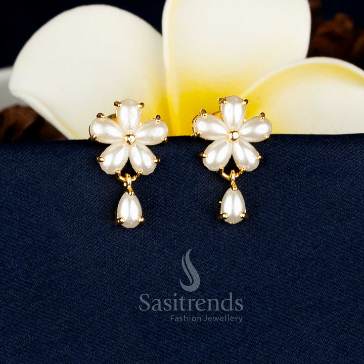 Royal Empress micro gold plated teardrop floral earrings adorned with AD stones and lustrous pearls, perfect for festive celebrations and family gatherings – Sasitrends