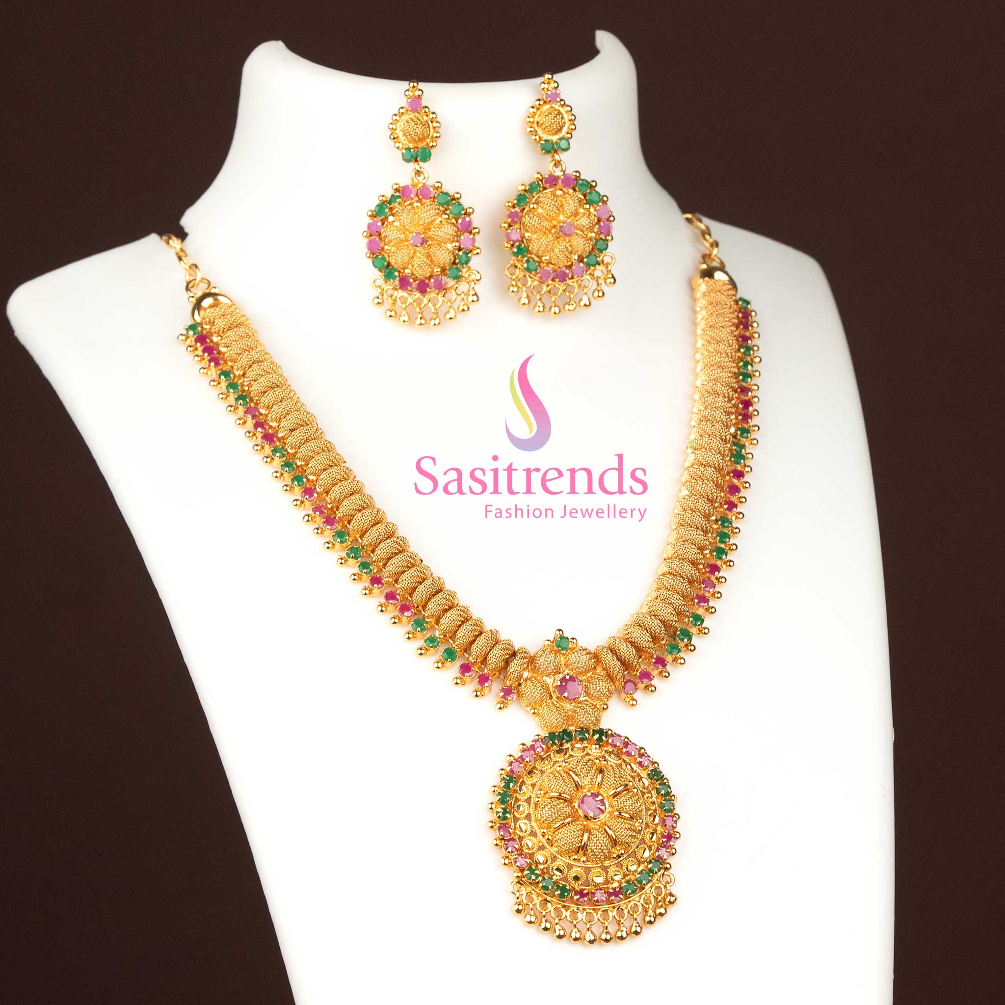 Dazzling ruby-green AD stones circular pendant necklace with matching earrings, micro gold plated and adorned with golden beads for premium festive radiance – Sasitrends