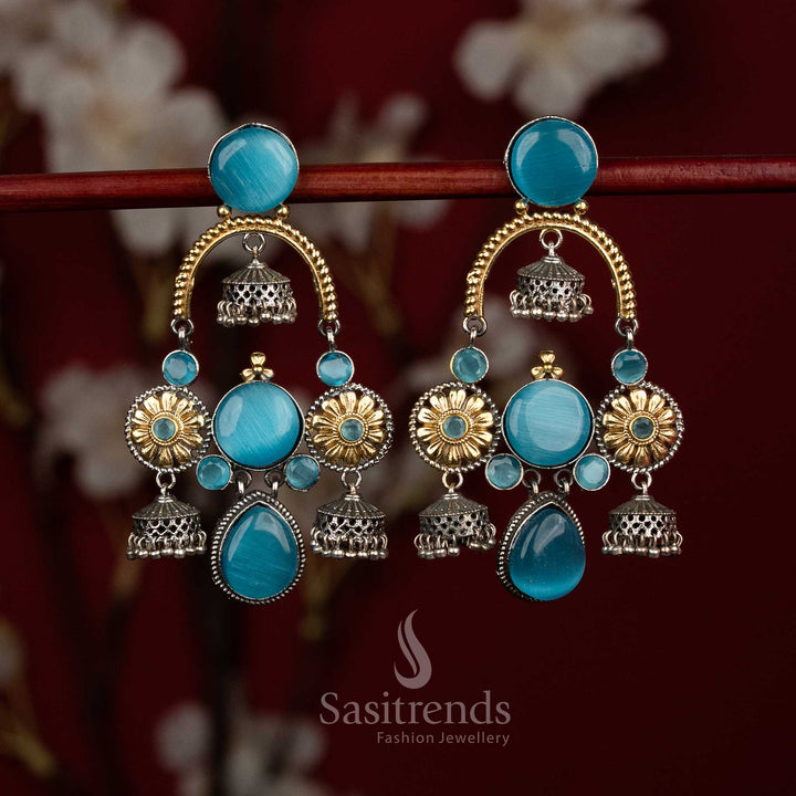 Serene heritage oxidised silver sky blue floral chandelier Monalisa jhumkas with multi dome pearl drops for cultural - jewellery - Sasitrends