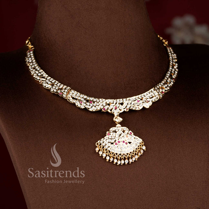 Radiance wedding impon attigai necklace in white ruby presenting ornate pathakam centre with luxurious shine – Sasitrends