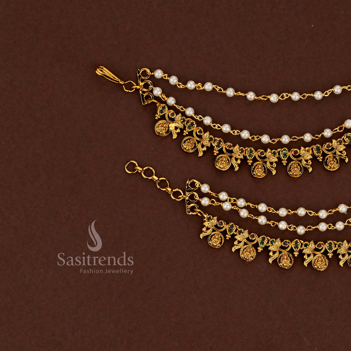 Lakshmi design temple matte gold plated American diamond matils studded with ruby and green stones enhanced by pearl accents for bridal elegance - Sasitrends