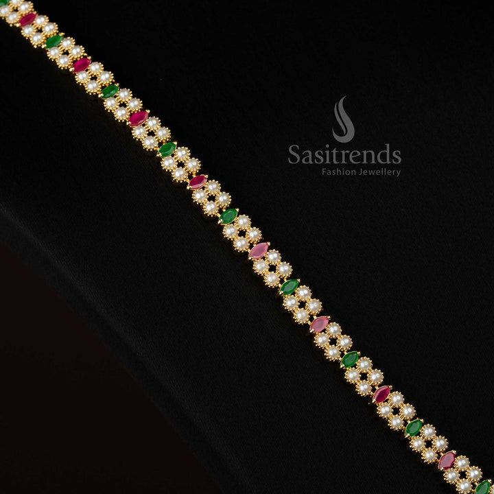 CelestialFlow American diamond 24k micro gold plated four round pearl cut long necklace curated for night events and stylish gatherings - Sasitrends