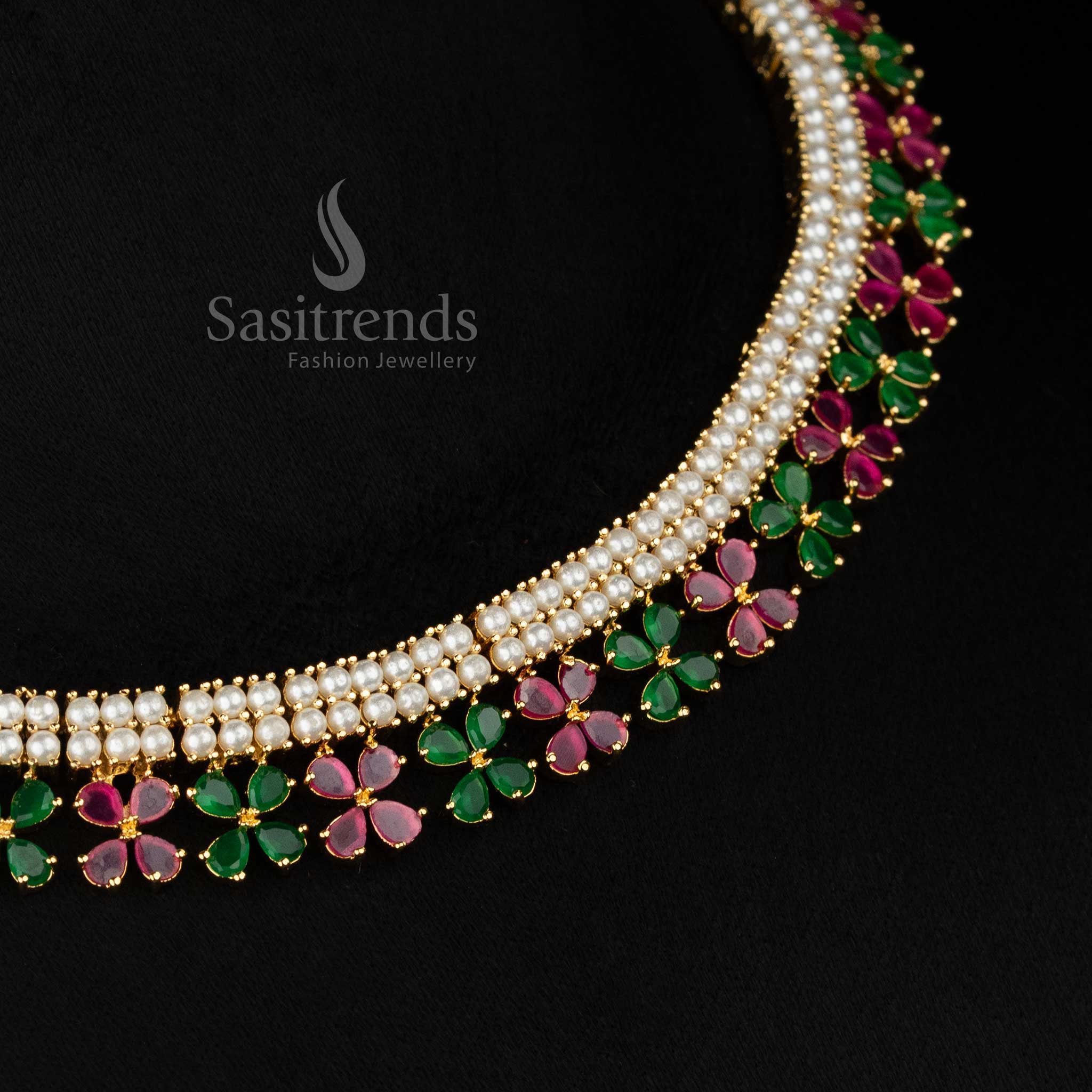 Royal Gleam micro gold plated pearl ruby green double linear necklace featuring four petal teardrop AD stones for elegant events-Sasitrends