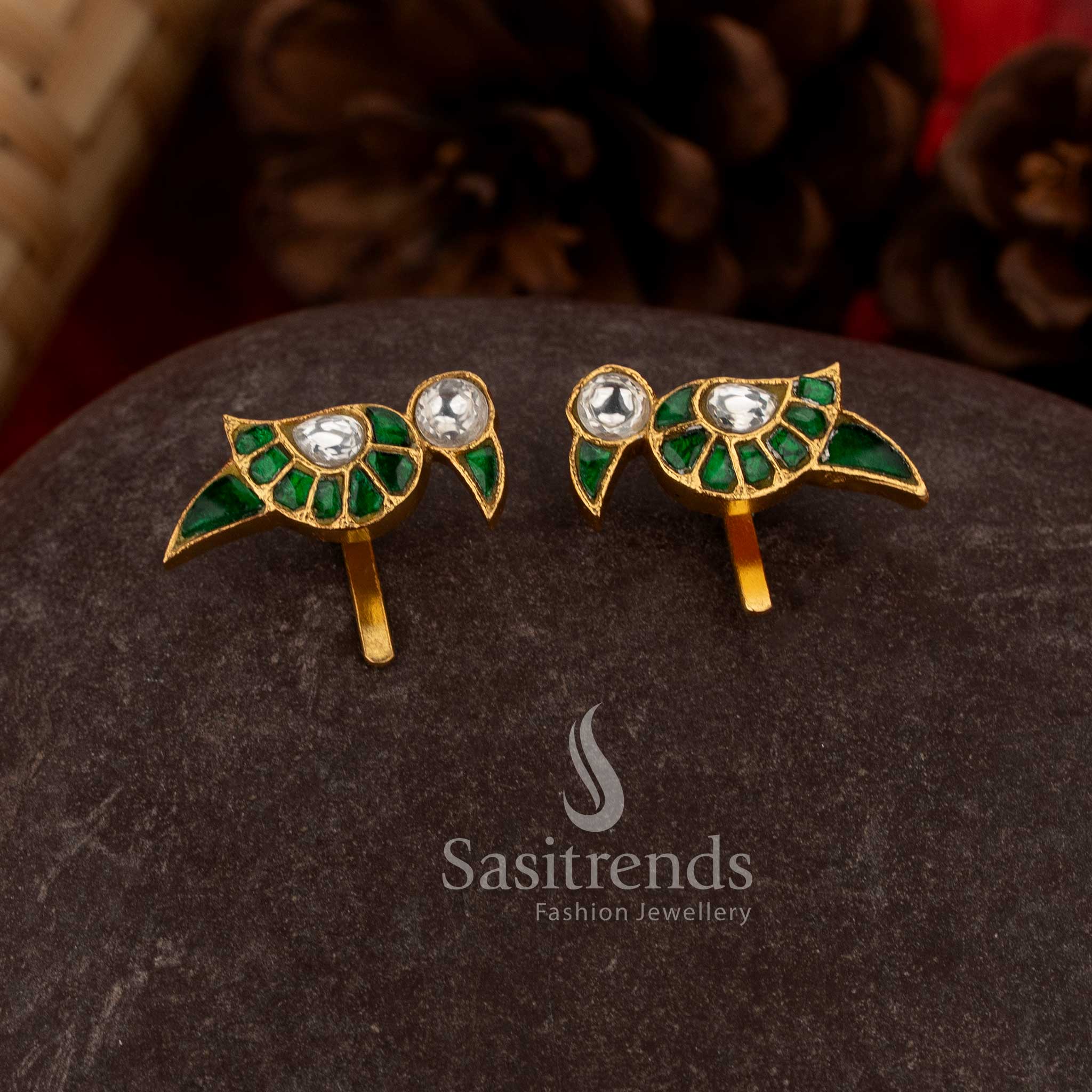 Traditional green white kundan jadau bugadi ear cuffs showcasing parrot detailing for celebrations - Sasitrends
