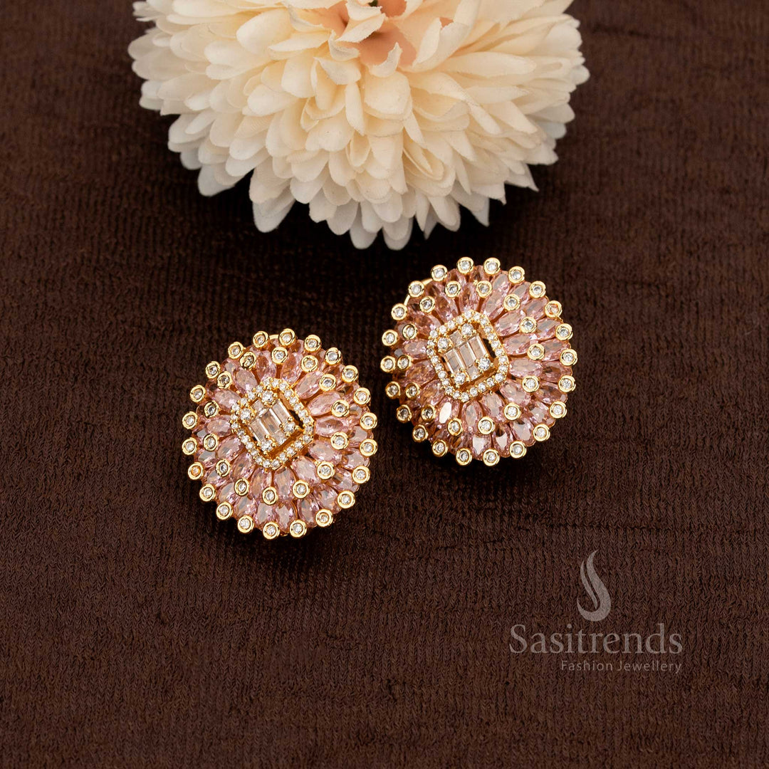 Charming American diamond gold plated floral stud earrings adorned with delicate pink stones – a graceful choice for weddings, receptions, and grand festivities – Sasitrends