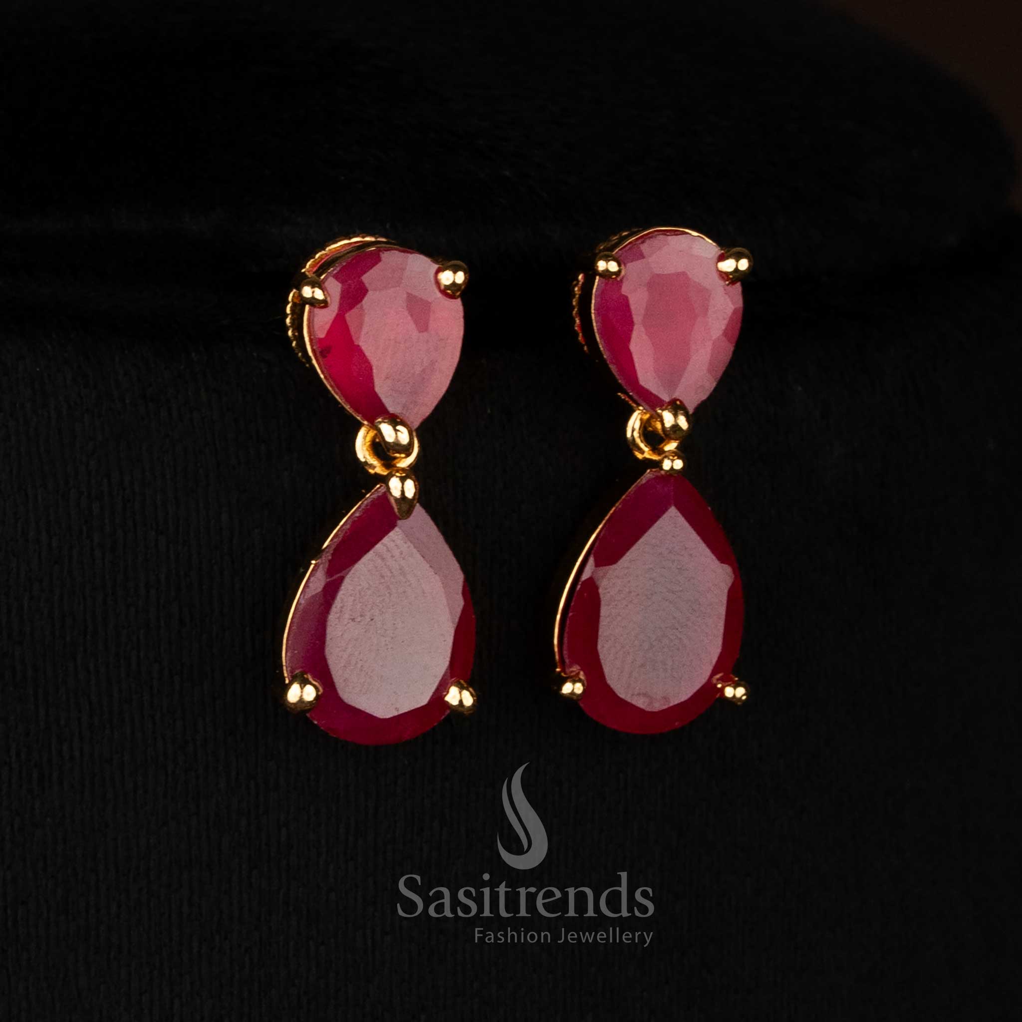 Dazzling American Diamond micro gold plated teardrop ruby stone earrings ideal for reception styling and parties - Sasitrends
