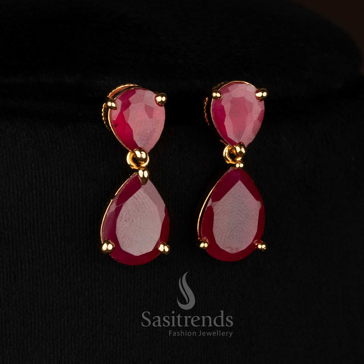 Dazzling American Diamond micro gold plated teardrop ruby stone earrings ideal for reception styling and parties - Sasitrends