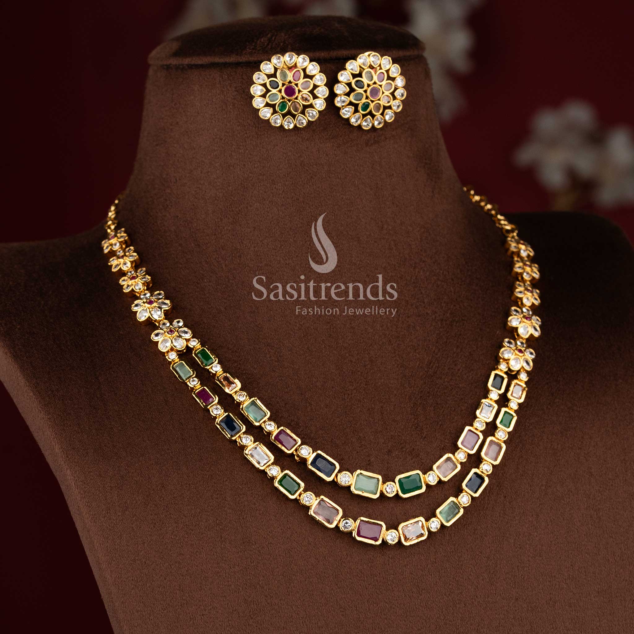 Classic big American diamond matte gold floral baguette layered necklace jewellery set, perfect ornament for festive occasions - Sasitrends