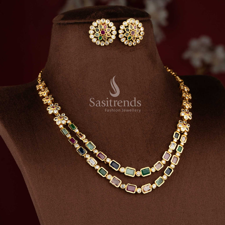 Classic big American diamond matte gold floral baguette layered necklace jewellery set, perfect ornament for festive occasions - Sasitrends