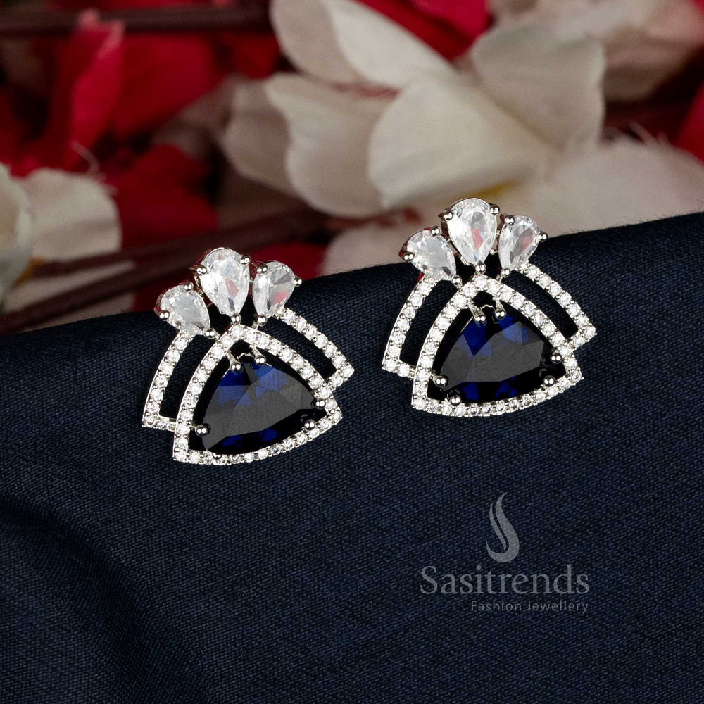 Stylish Rhodium Silver Triangular AD Stone Earrings in blue with modern party appearance, crafted for festive and elegant wear — Sasitrends