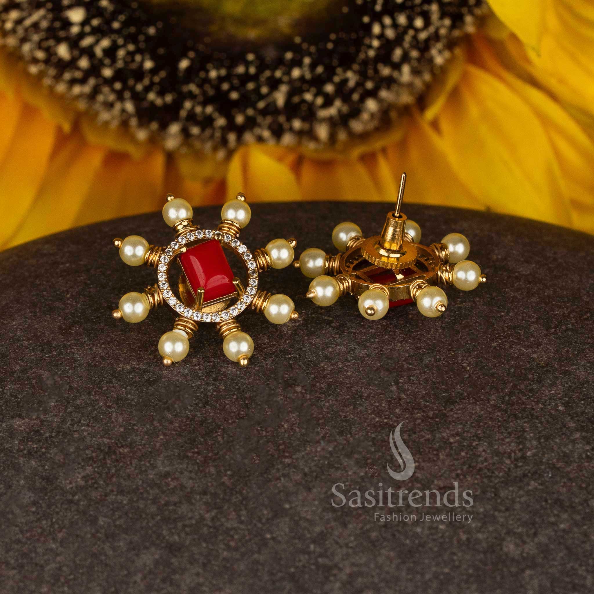 Ornate celestial radiance premium temple matte gold plated geometric starburst stud earrings with stone, pearl, and pavalam details for traditional elegance - Sasitrends