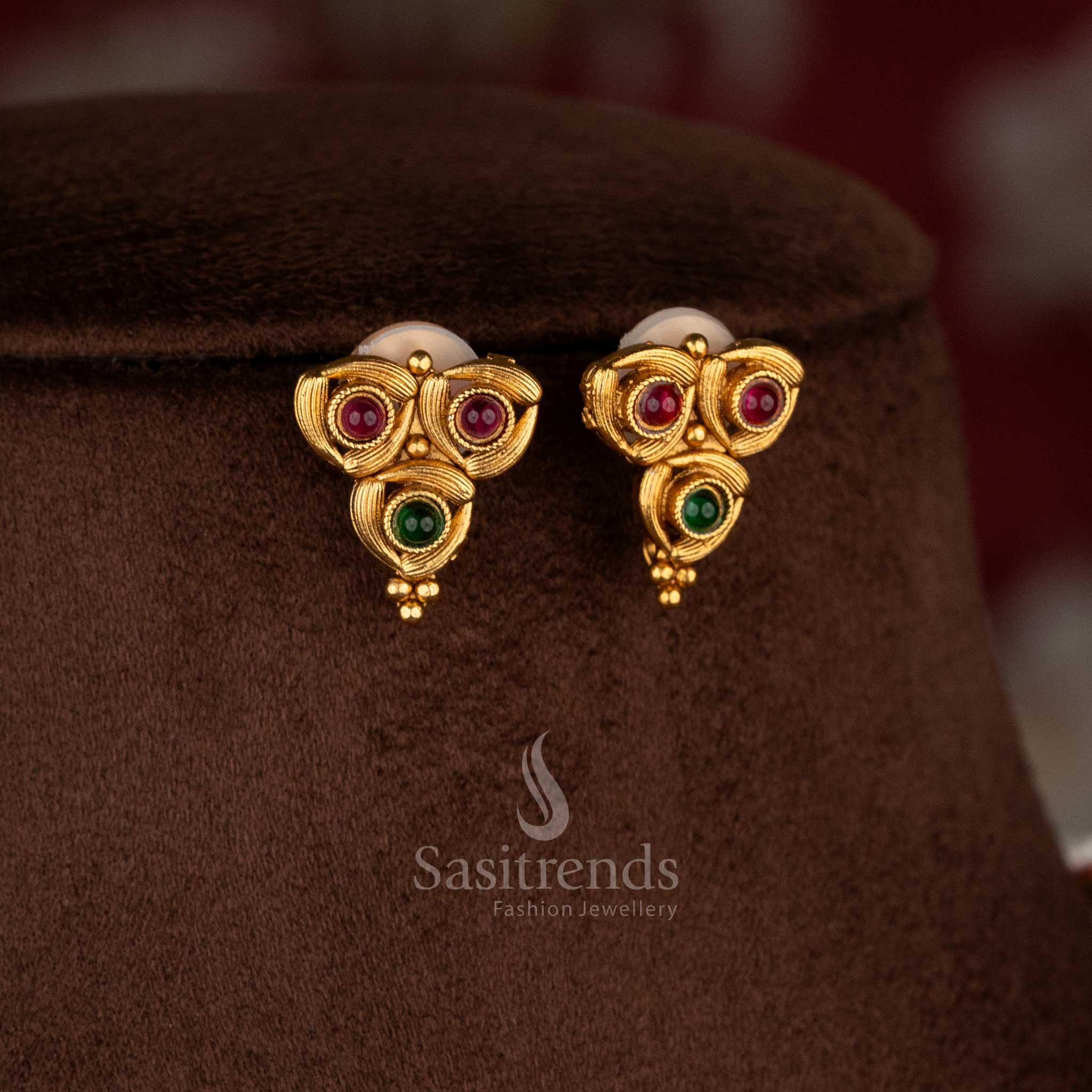 Delicate classic matte gold plated ruby-green shimmer earrings for graceful party wear – Sasitrends