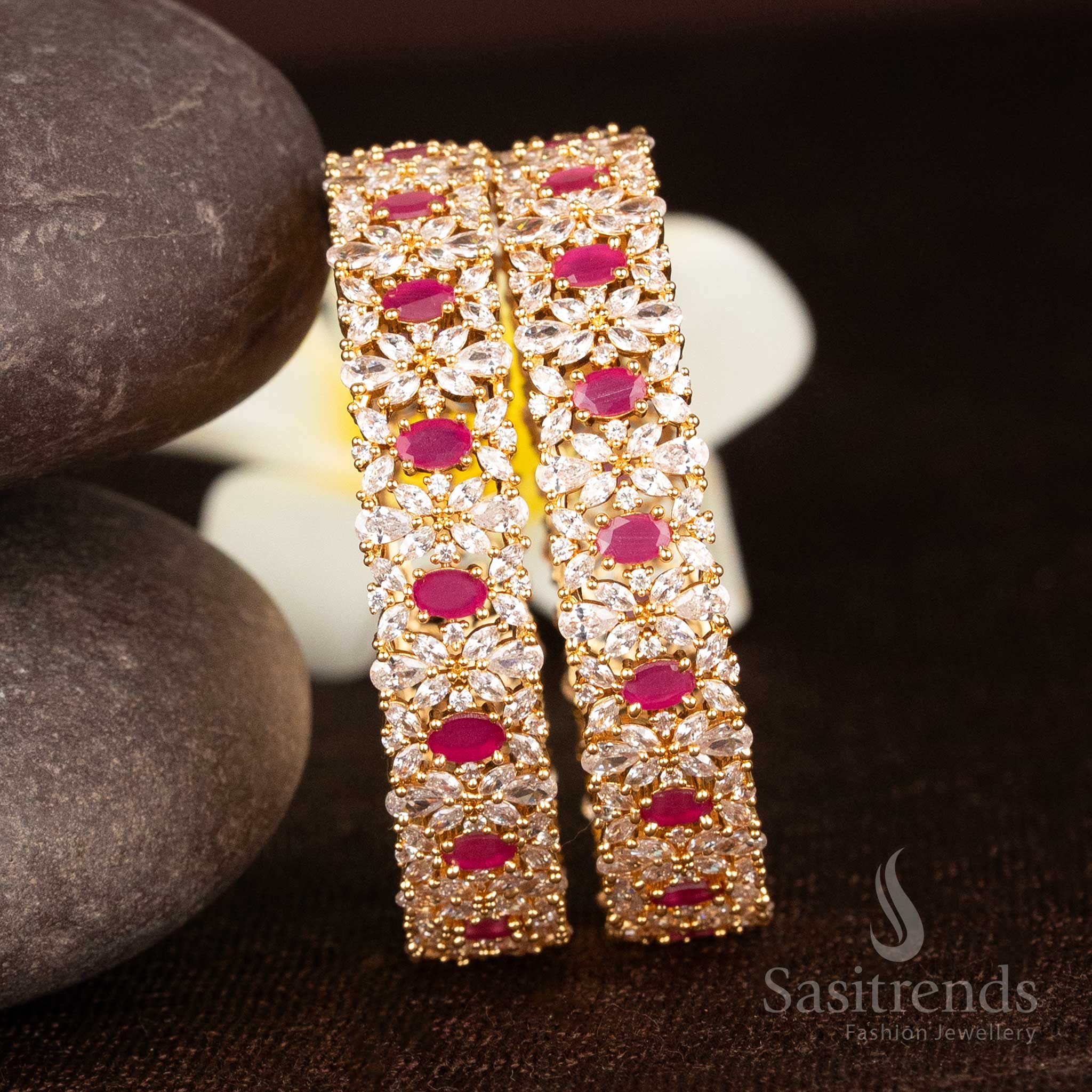 Opulent micro gold plated floral bangles combining ruby and white oval stones with sparkling American diamonds - Sasitrends