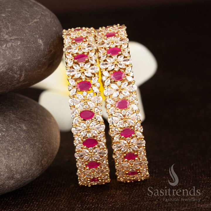 Opulent micro gold plated floral bangles combining ruby and white oval stones with sparkling American diamonds - Sasitrends