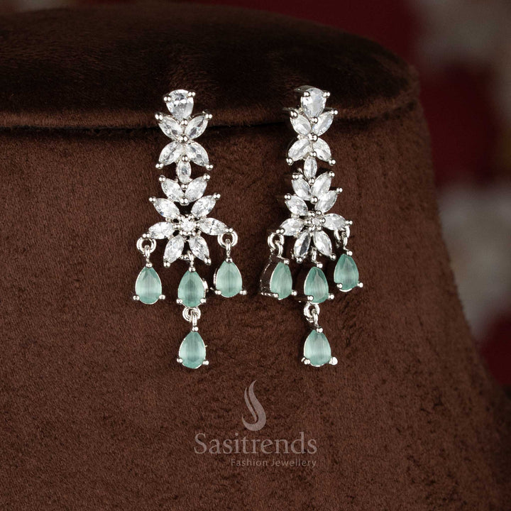 Glamour Petals rhodium silver plated mint American Diamond blush flora earrings for evening celebrations and party styling – Sasitrends