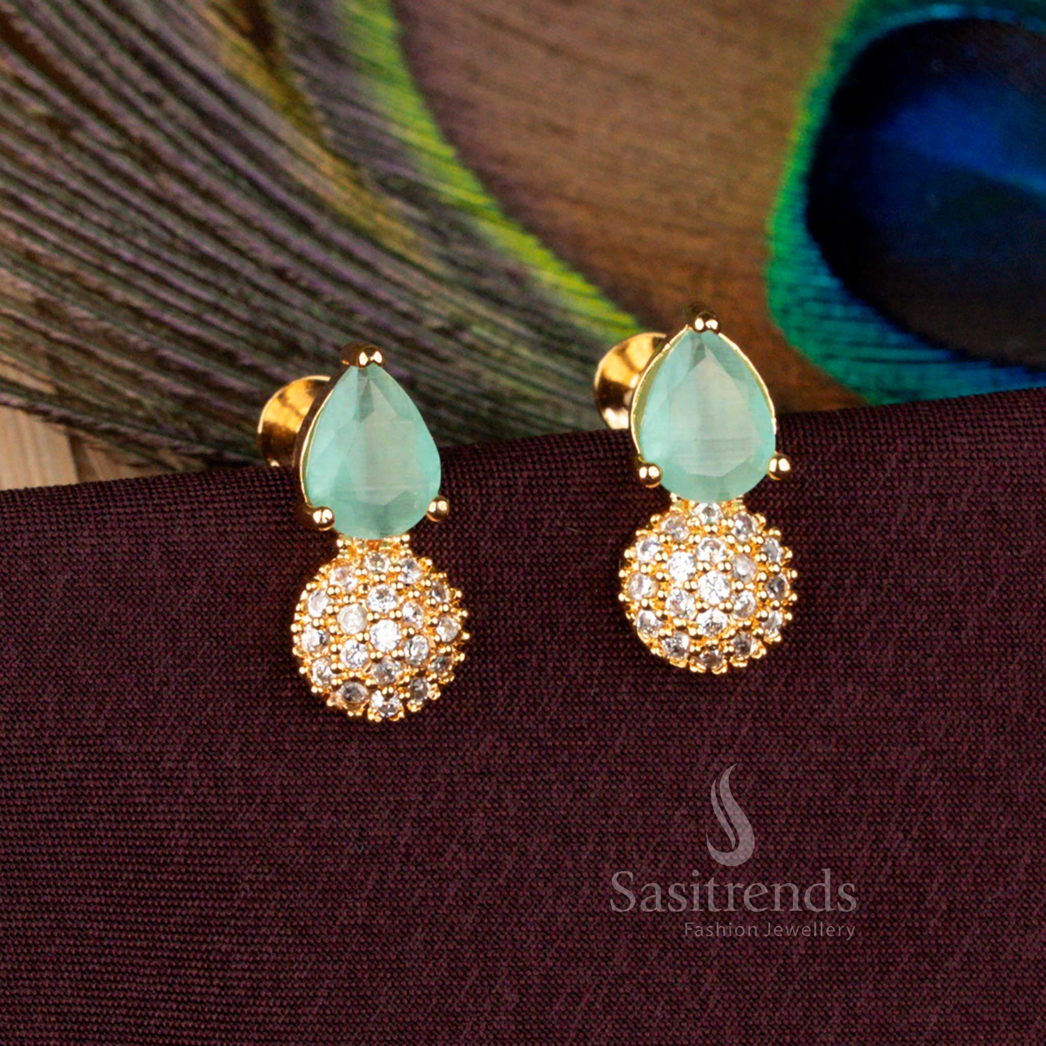 Exquisite AD stud earrings featuring fresh mint lustre in teardrop gold design for wedding elegance - Sasitrends