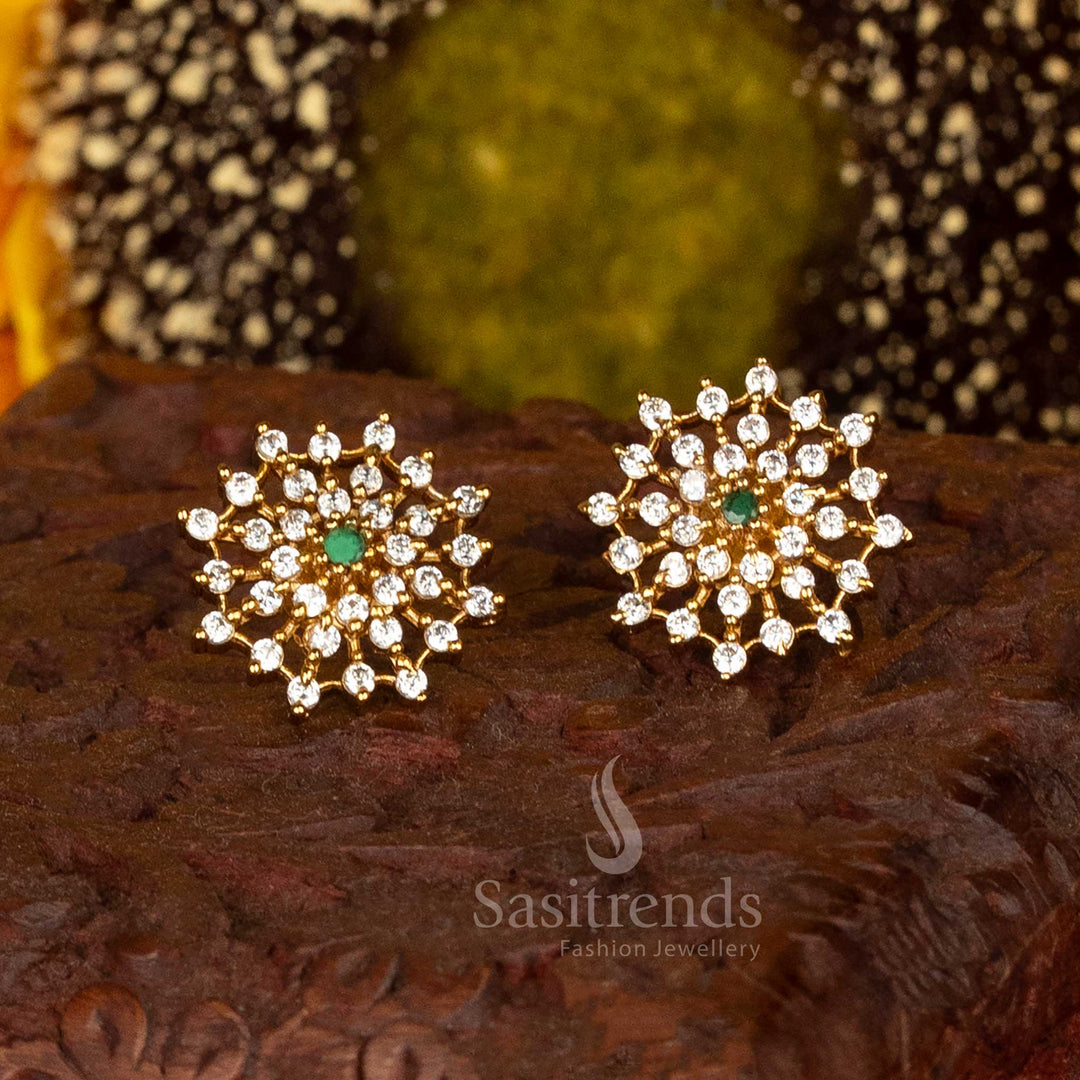 Elegant Floral Design American Diamond Stud Earrings With Eye-Catching Green Centrepiece Surrounded By Shiny White Petals – Stylish Ethnic Jewellery Accent – Sasitrends