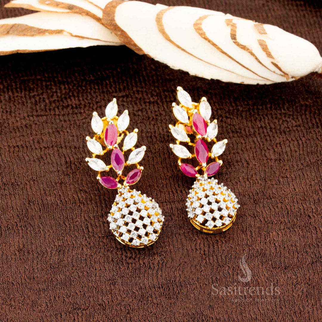 Elegant Leaf Cluster And Mesh Dome Design American Diamond Gold-Plated Earrings Featuring White-Ruby Stones, A Stunning Bridal Accessory With Modern Charm – Sasitrends