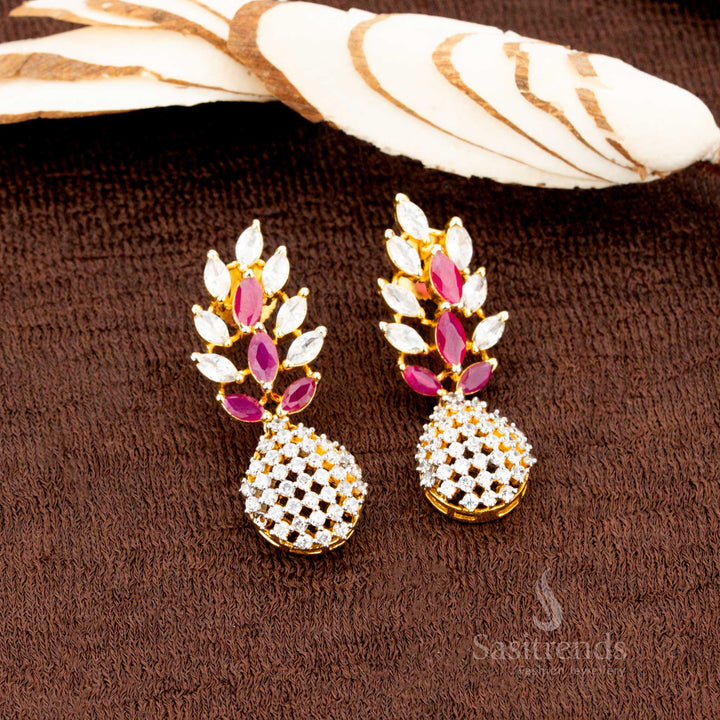 Gorgeous Leaf Cluster & Mesh Dome Design American Diamond Gold-Plated Earrings - Sasitrends