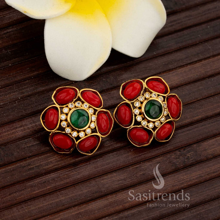 Elegant Matte Gold Floral Stud Earrings Embellished With American Diamond Stone Highlights – Stylish Festive Jewellery With Refined Craftsmanship For Saree Wear - Sasitrends