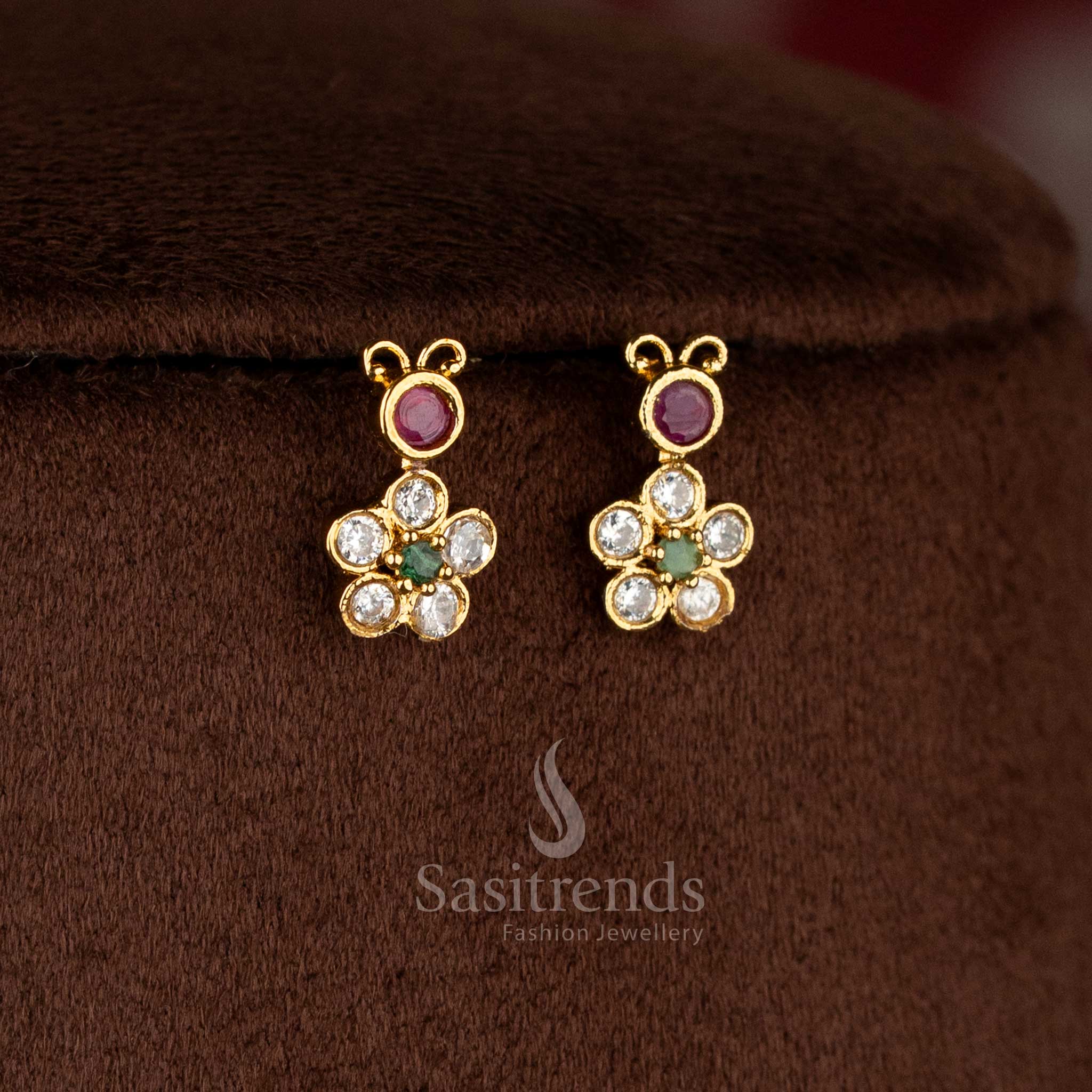 Radiant matte gold plated multi American Diamond Mickey-motif floral stud earrings for celebration-ready modern outfits – Sasitrends