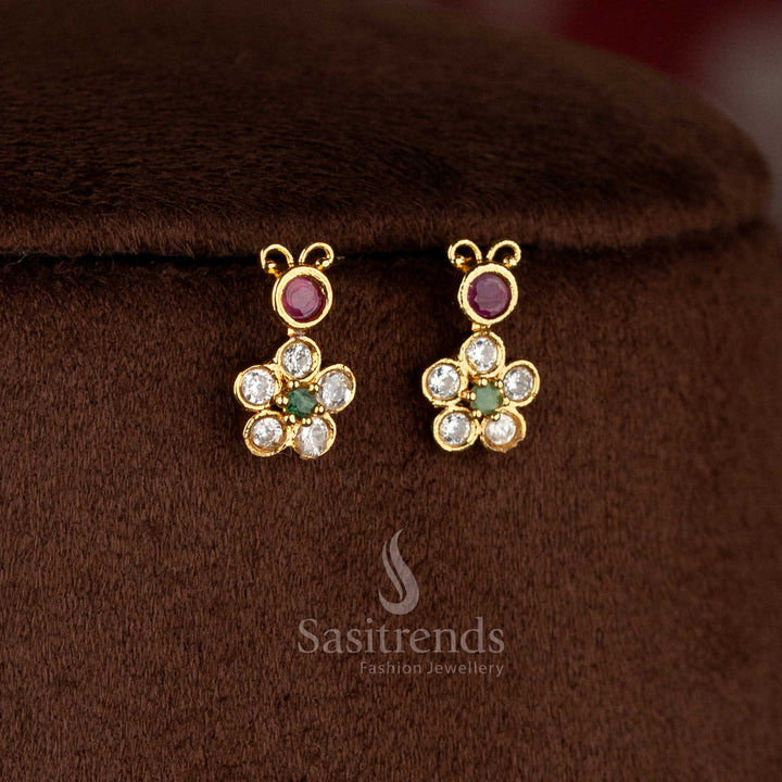 Radiant matte gold plated multi American Diamond Mickey-motif floral stud earrings for celebration-ready modern outfits – Sasitrends