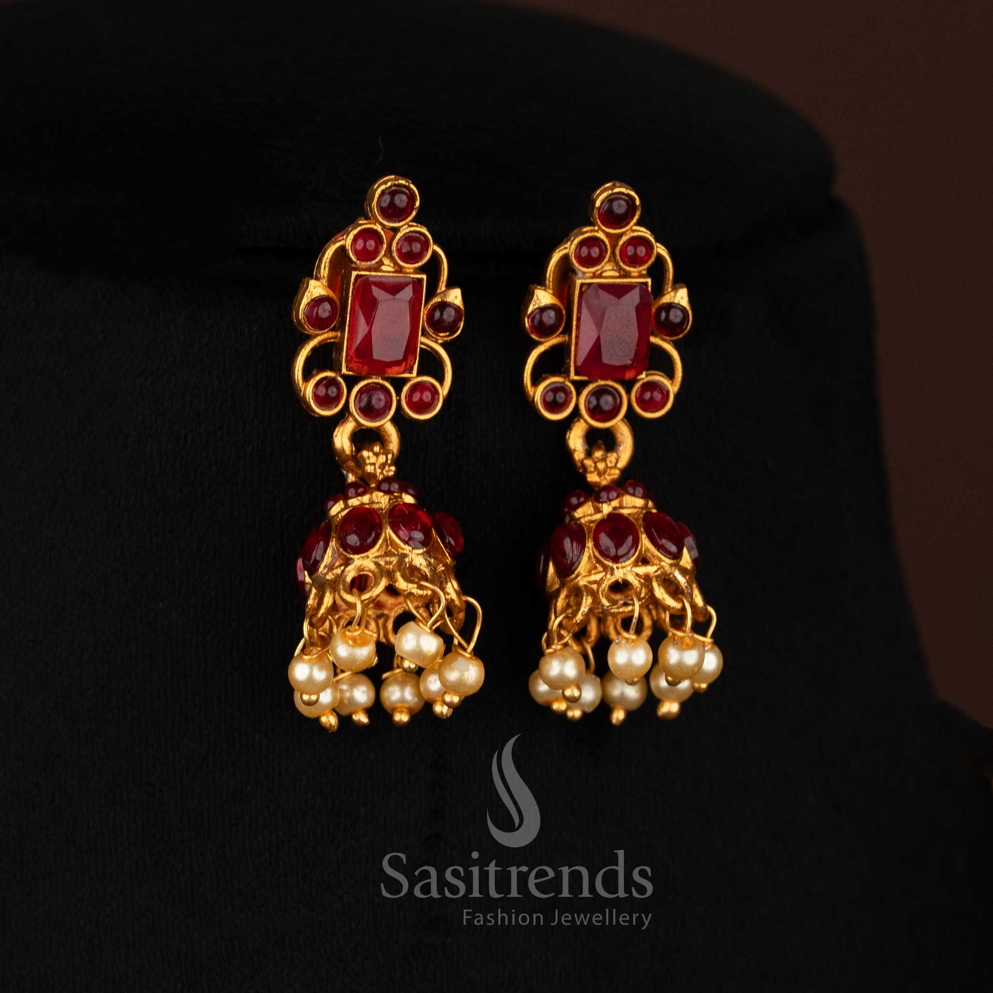 Graceful Matte Gold Floral Rectangular Ruby Stone Earrings with pearl detailing, enhancing traditional elegance for temple and cultural occasions — Sasitrends