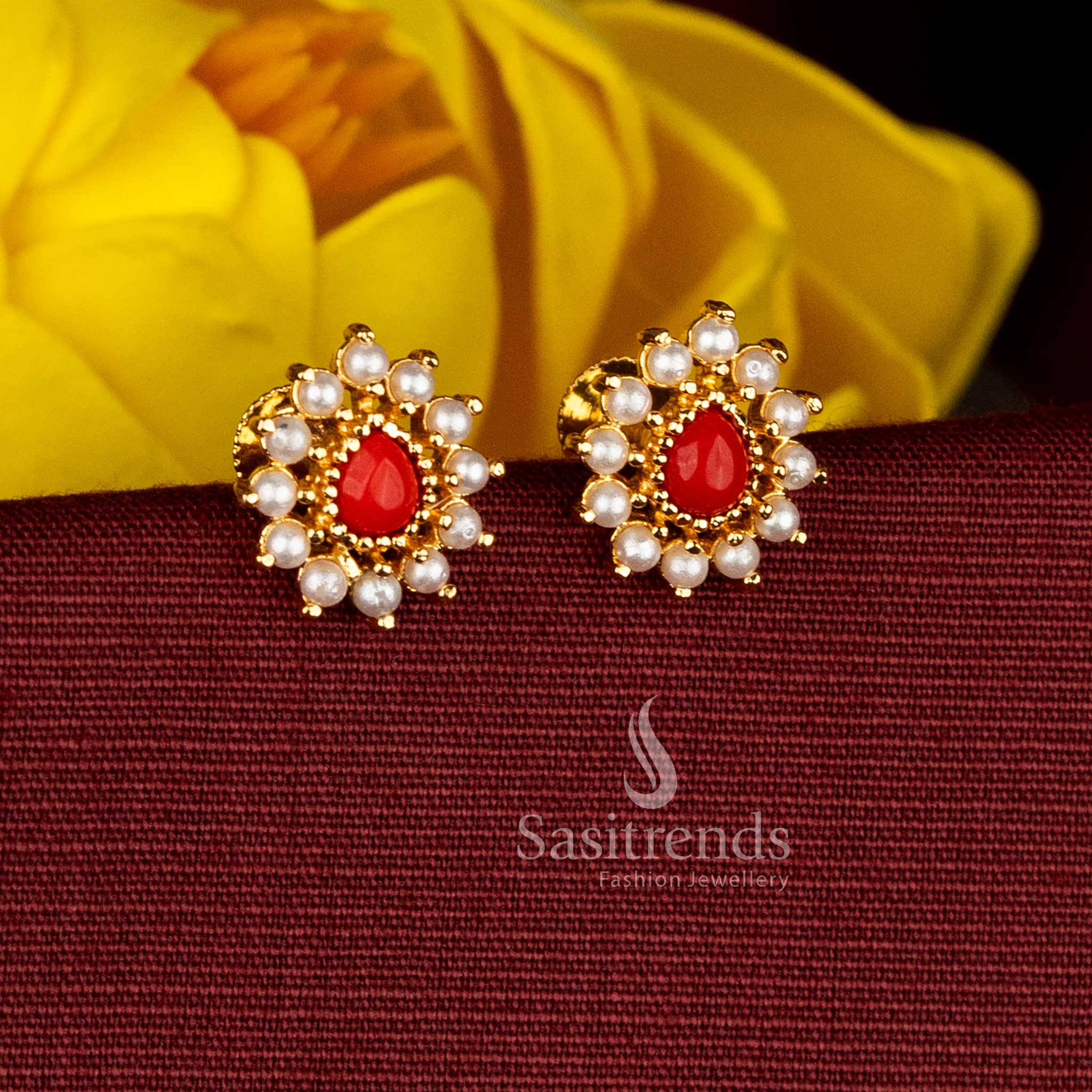 Radiant micro gold plated pearl-pavalam AD teardrop floral stud earrings featuring soft lustre and refined detailing for elegant traditional cultural wear – Sasitrends