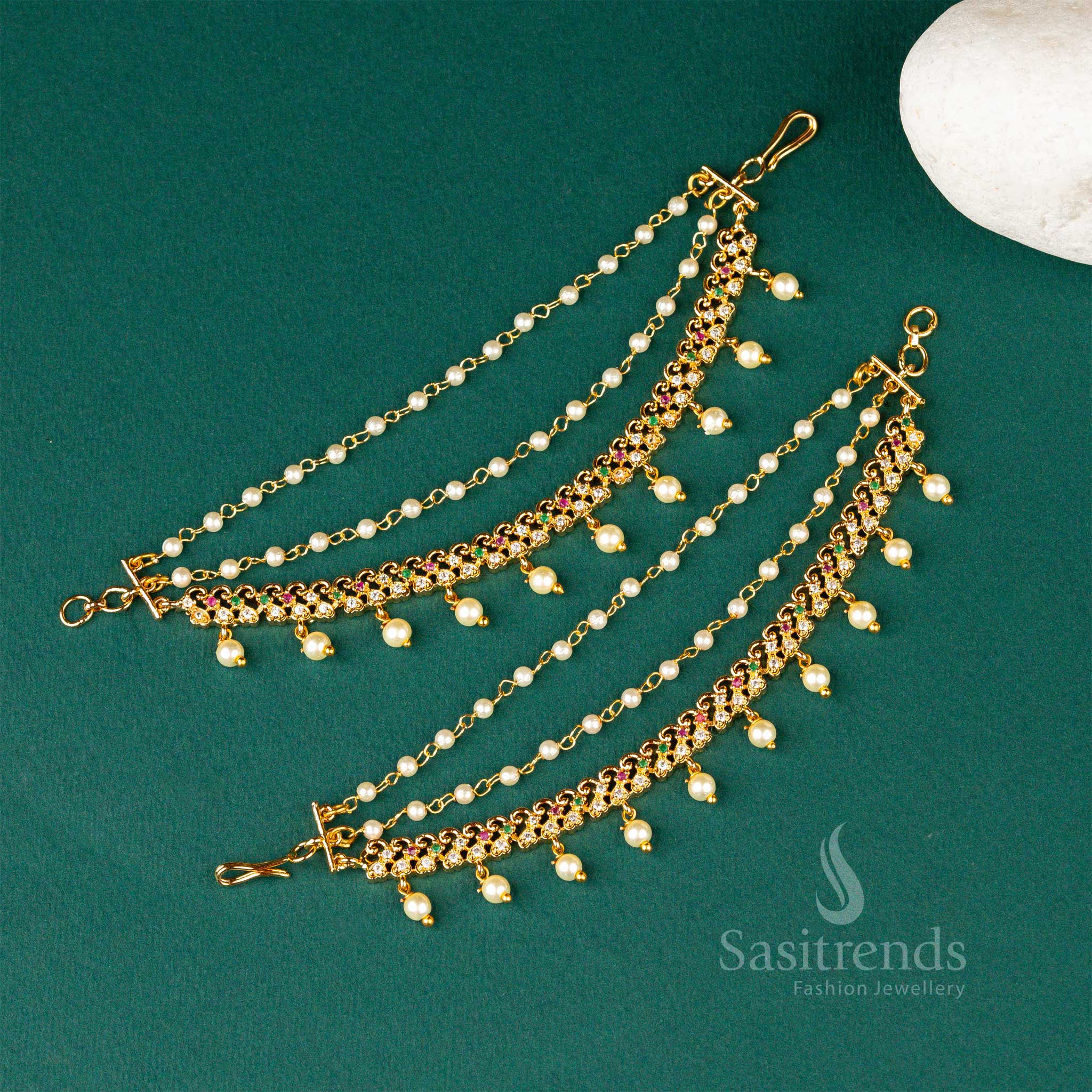 Artistic Micro Gold Plated AD Stone Pearl Matil Ear Chain, Vintage Crafted Ornament Designed For Women’s Festive Brilliance – Sasitrends